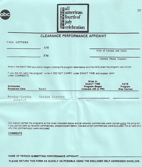 paperwork which radio stations filled out when they aired the show. Also states the show could be run from July 1 to 7.